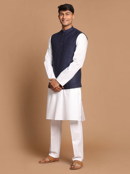 copy of Vastramay mens navy blue solid nehru jacket with white color solid kurta and white cotton pant style pyjama