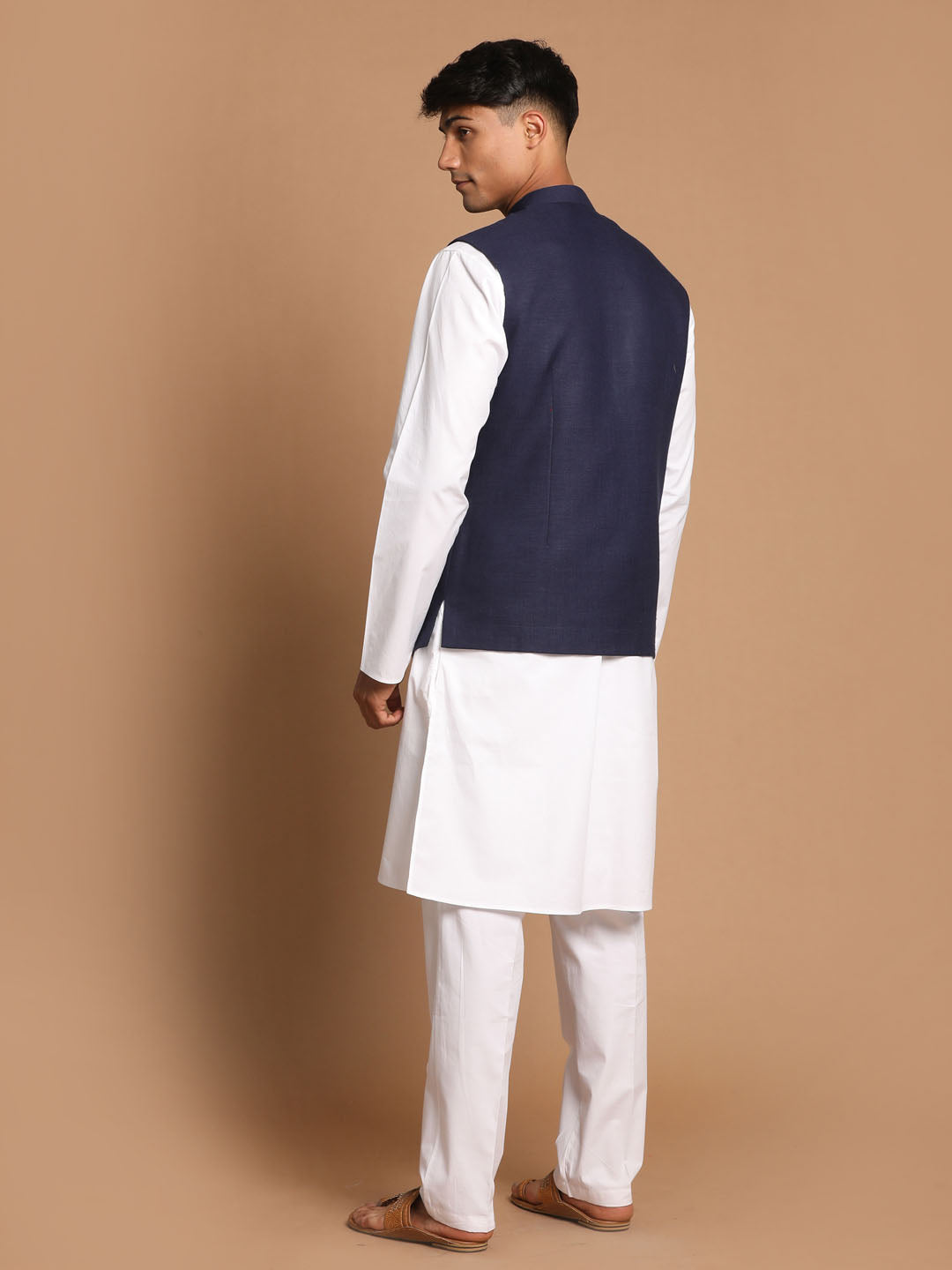 copy of Vastramay mens navy blue solid nehru jacket with white color solid kurta and white cotton pant style pyjama