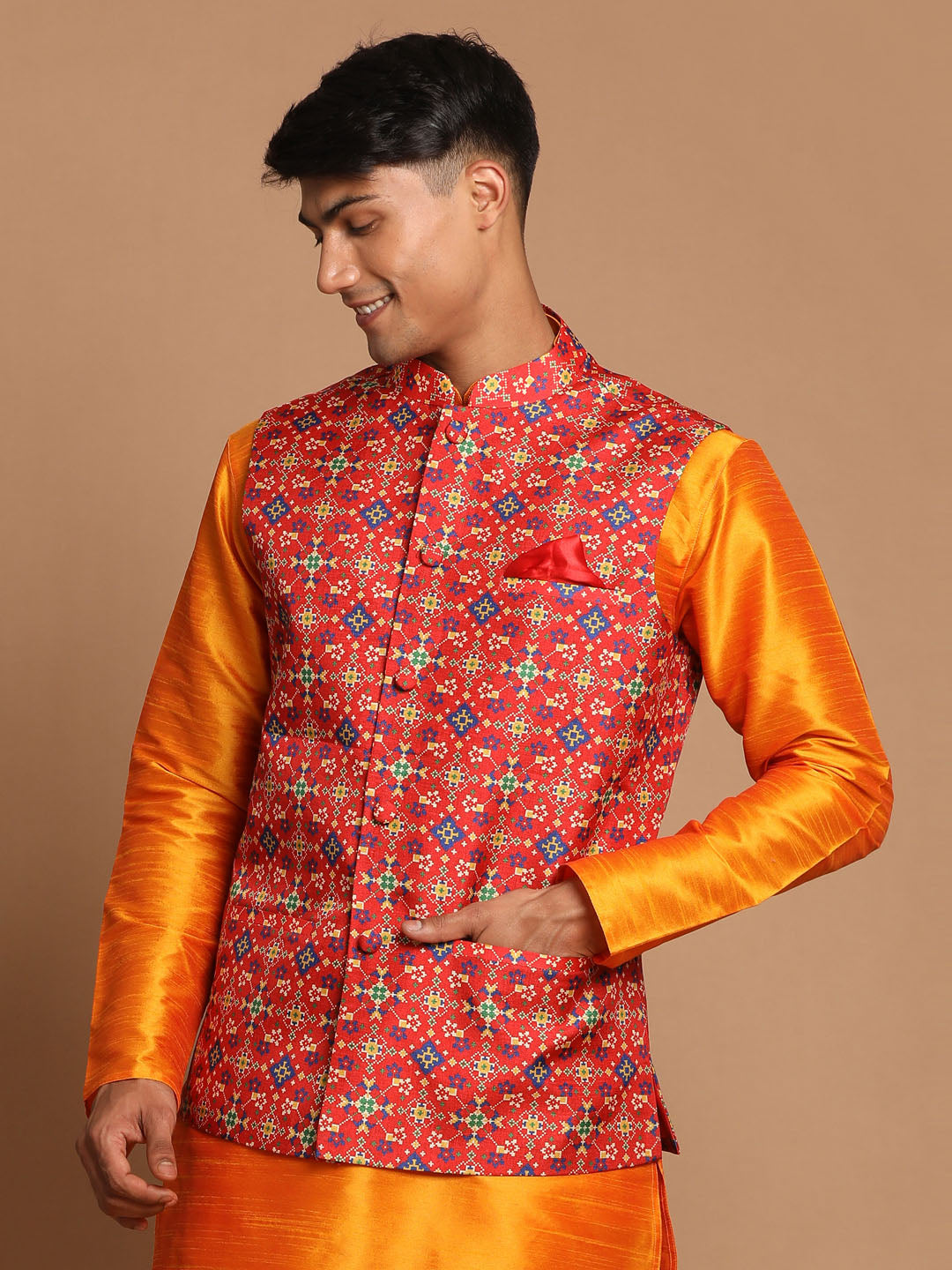 Vastramay Men's Maroon Color Patola Print Nehru Jacket