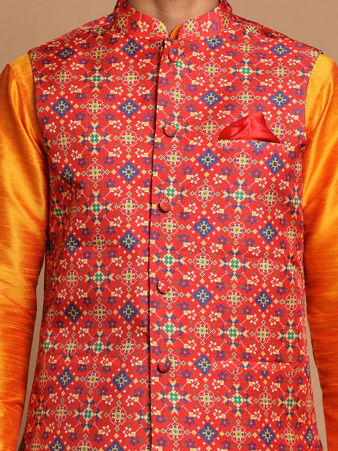 Vastramay Men's Maroon Color Patola Print Nehru Jacket