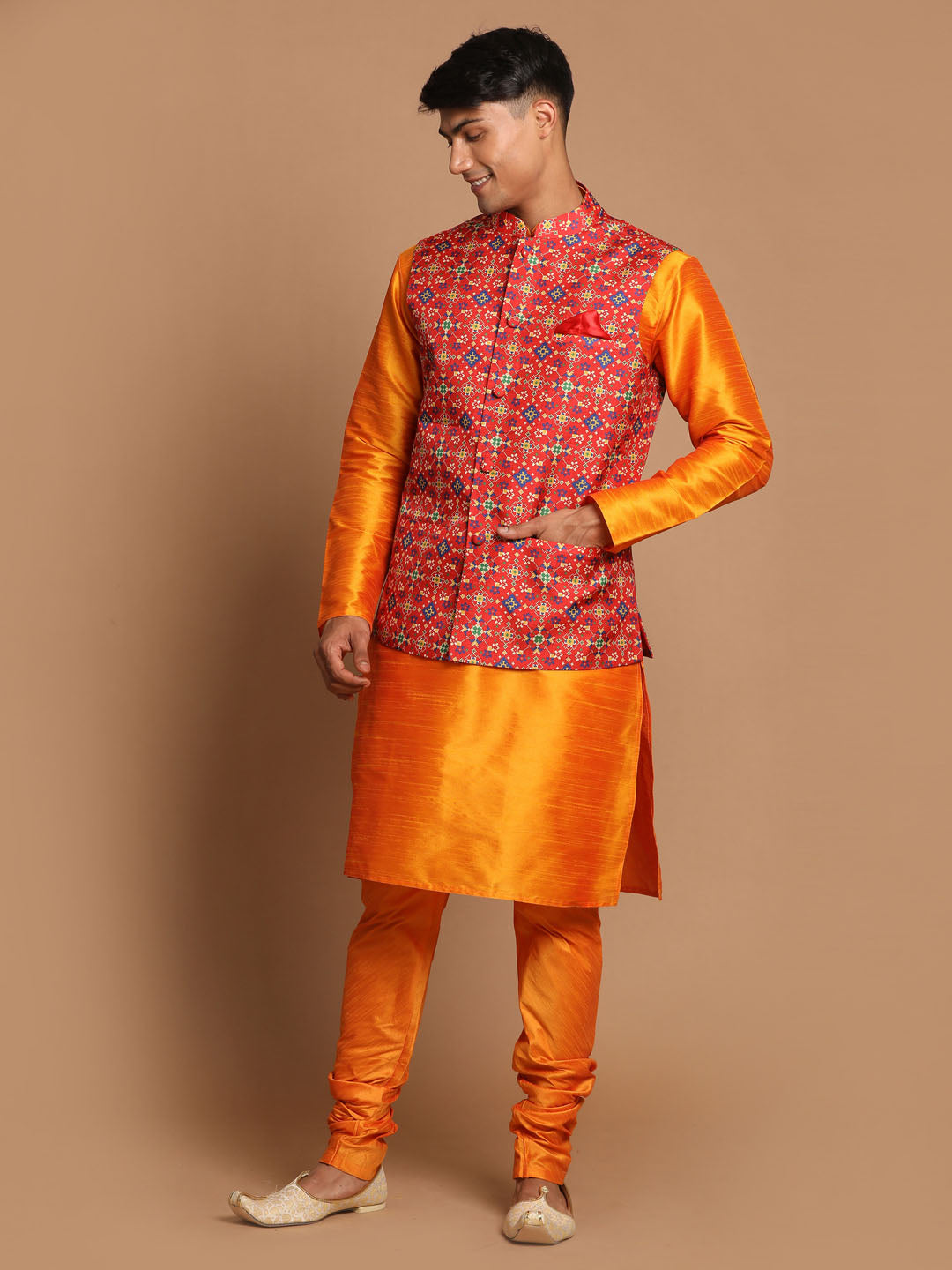 Vastramay Maroon Patola Print Nehru Jacket With Orange kurta Pyjama Set