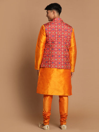 Vastramay Maroon Patola Print Nehru Jacket With Orange kurta Pyjama Set