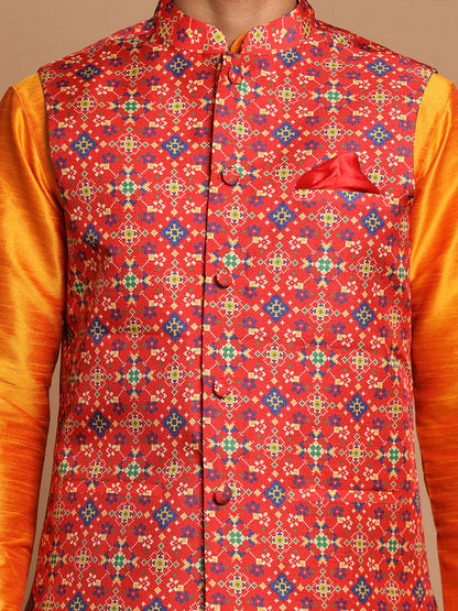 Vastramay Maroon Patola Print Nehru Jacket With Orange kurta Pyjama Set