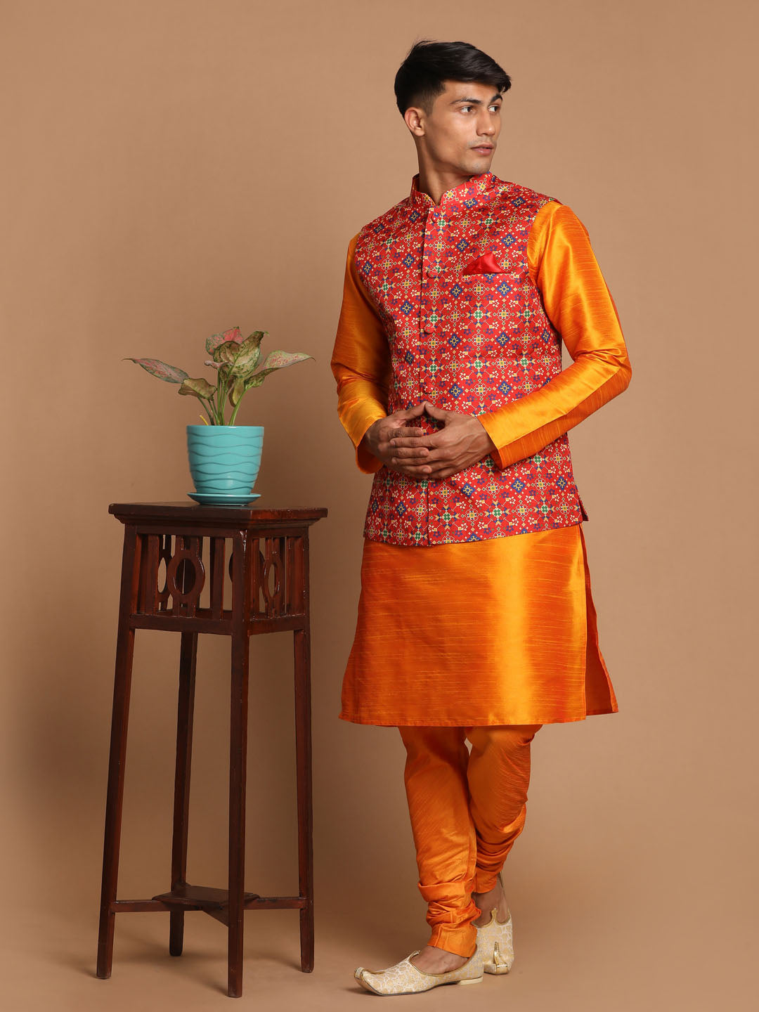 Vastramay Maroon Patola Print Nehru Jacket With Orange kurta Pyjama Set