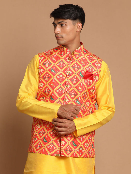 Vastramay Men's Red Patola Print Nehru Jacket