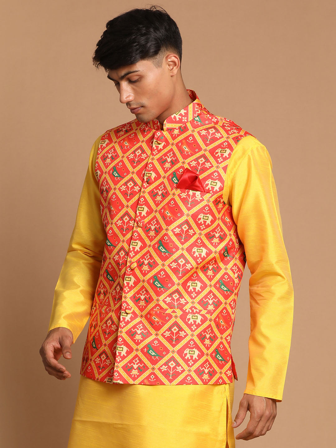 Vastramay Men's Red Patola Print Nehru Jacket