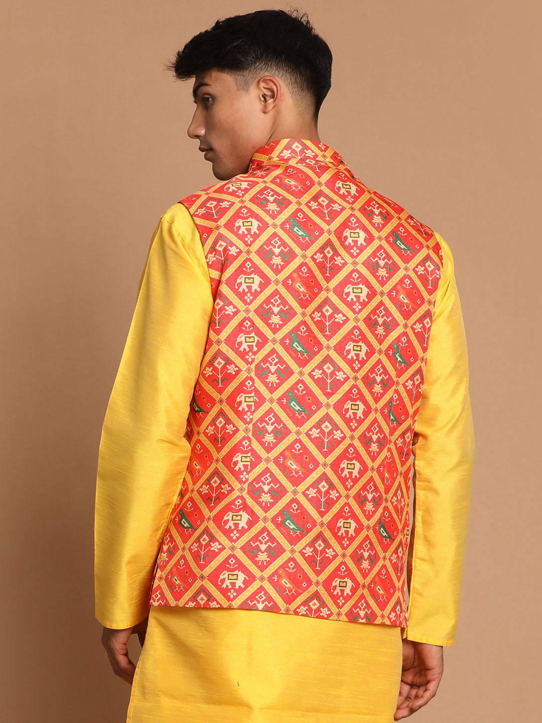 Vastramay Men's Red Patola Print Nehru Jacket