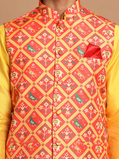 Vastramay Men's Red Patola Print Nehru Jacket