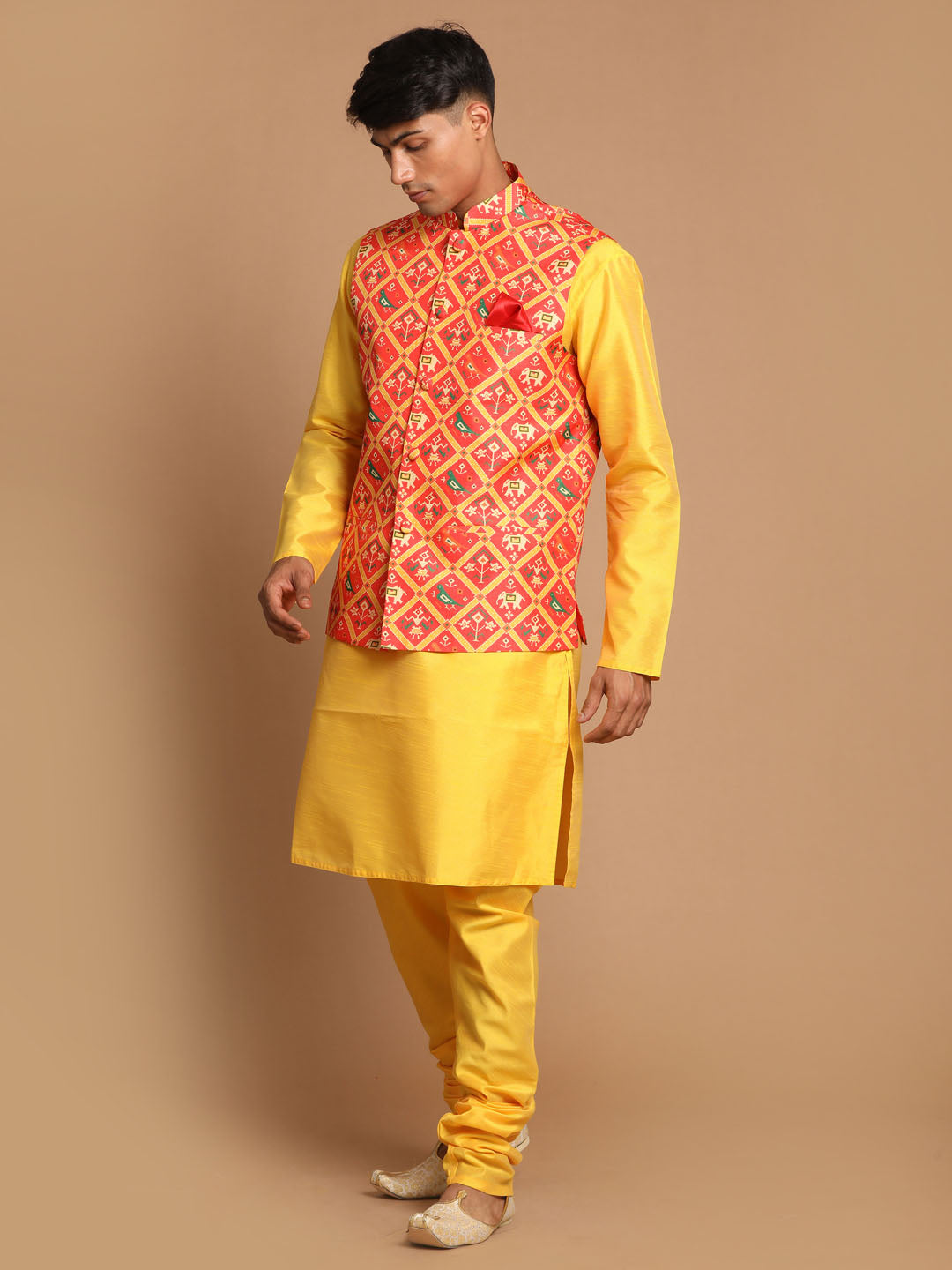 Vastramay Red Patola Print Nehru Jacket With Yellow  kurta Pyjama Set