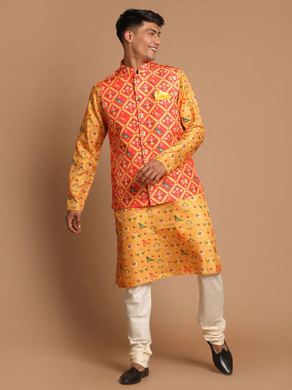 Vastramay Red Patola Print Nehru Jacket With Yellow Printed kurta & Cream Pyjama