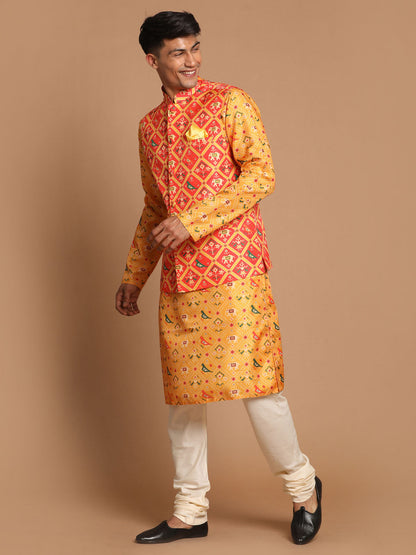 Vastramay Red Patola Print Nehru Jacket With Yellow Printed kurta & Cream Pyjama