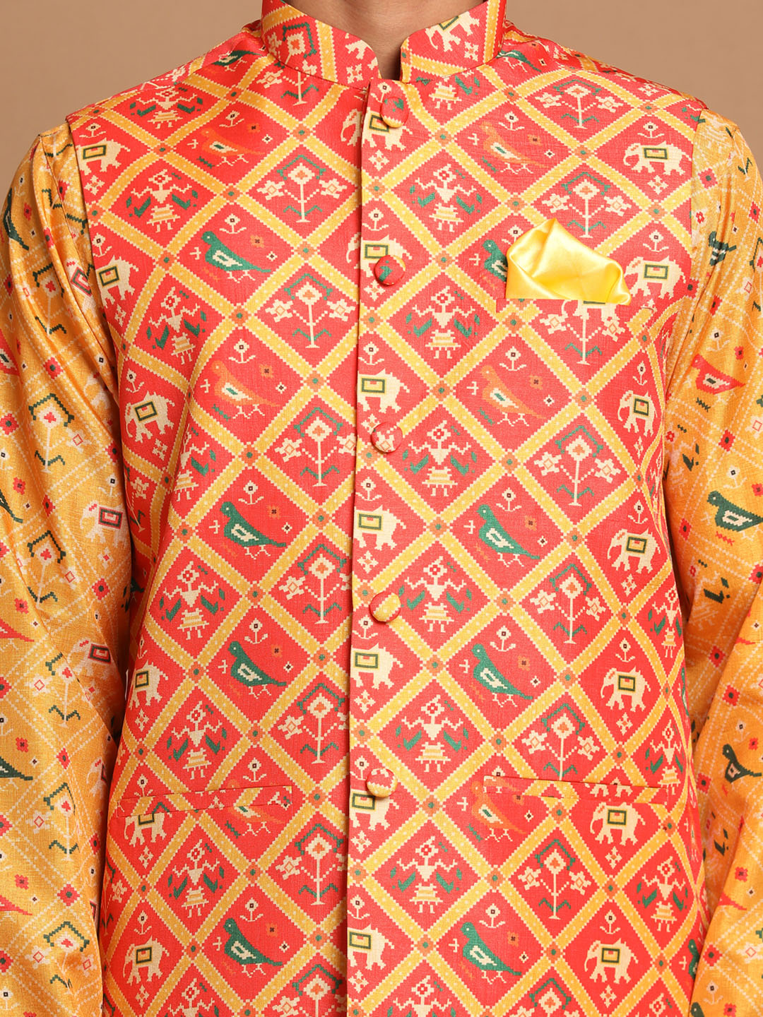 Vastramay Red Patola Print Nehru Jacket With Yellow Printed kurta & Cream Pyjama