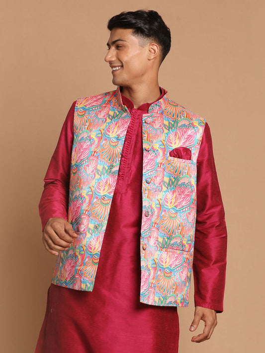 Vastramay Men's Multi-Color Printed Nehru Jacket