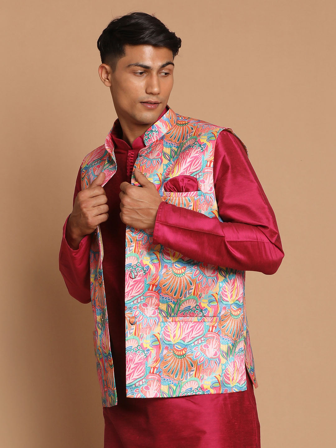 Vastramay Men's Multi-Color Printed Nehru Jacket