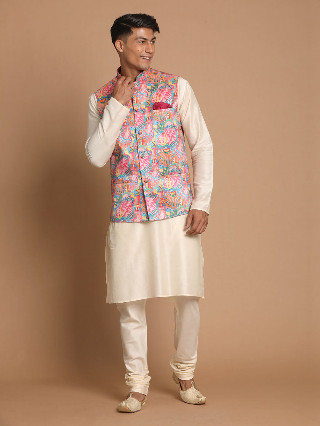 Vastramay Men's Multi-Color Printed Nehru Jacket With Solid Kurta & Pyjama Set