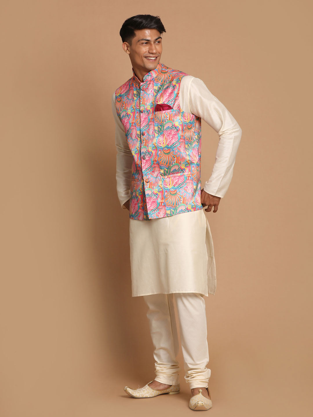 Vastramay Men's Multi-Color Printed Nehru Jacket With Solid Kurta & Pyjama Set