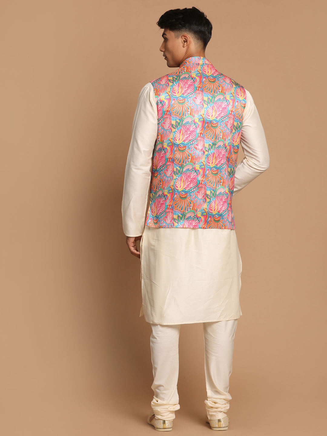 Vastramay Men's Multi-Color Printed Nehru Jacket With Solid Kurta & Pyjama Set