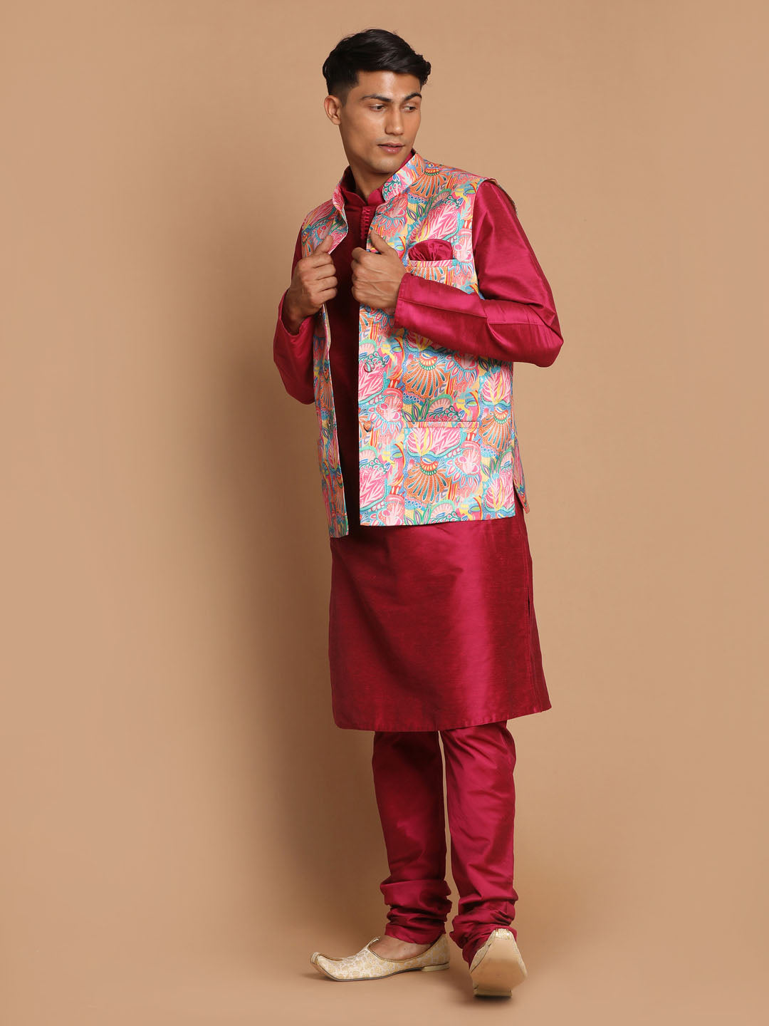 Vastramay Men's Multi-Color Printed Nehru Jacket With Solid Kurta & Pyjama Set