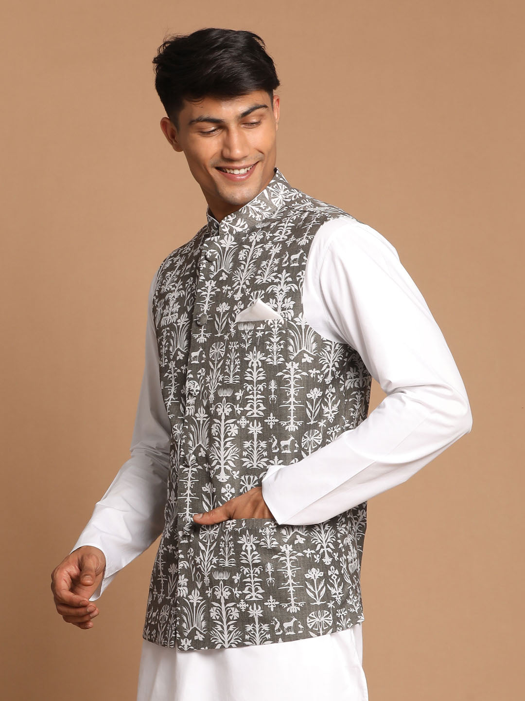 Vastramay Men's Mehdi Green And White Printed Cotton Blend Nehru Jacket