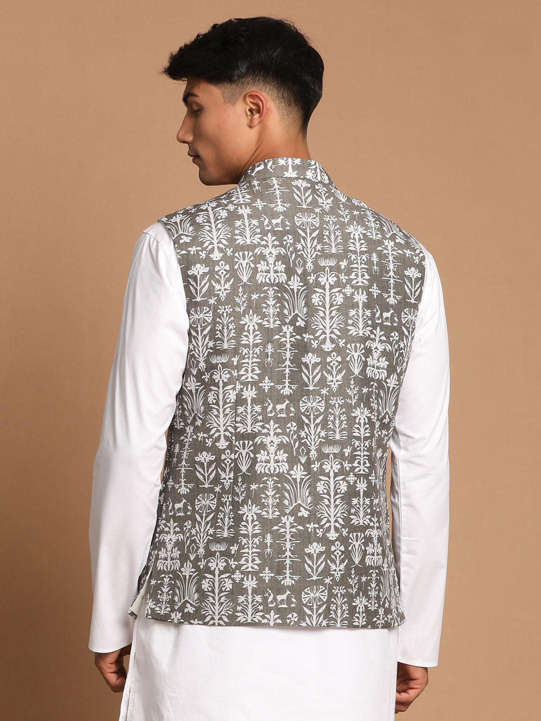 Vastramay Men's Mehdi Green And White Printed Cotton Blend Nehru Jacket