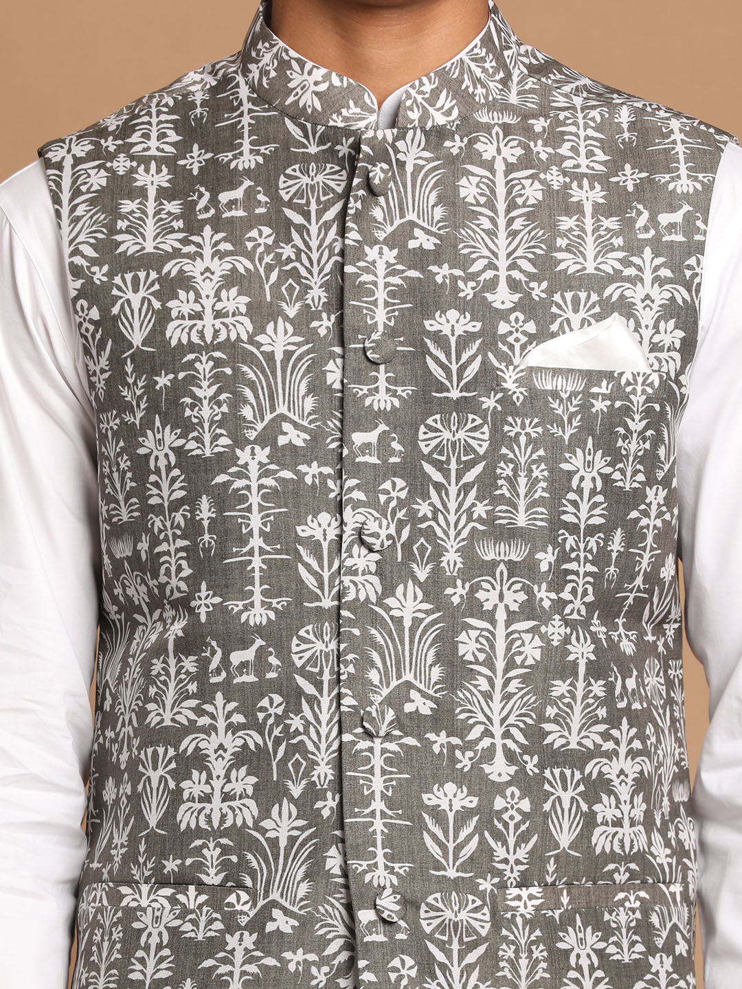 Vastramay Men's Mehdi Green And White Printed Cotton Blend Nehru Jacket