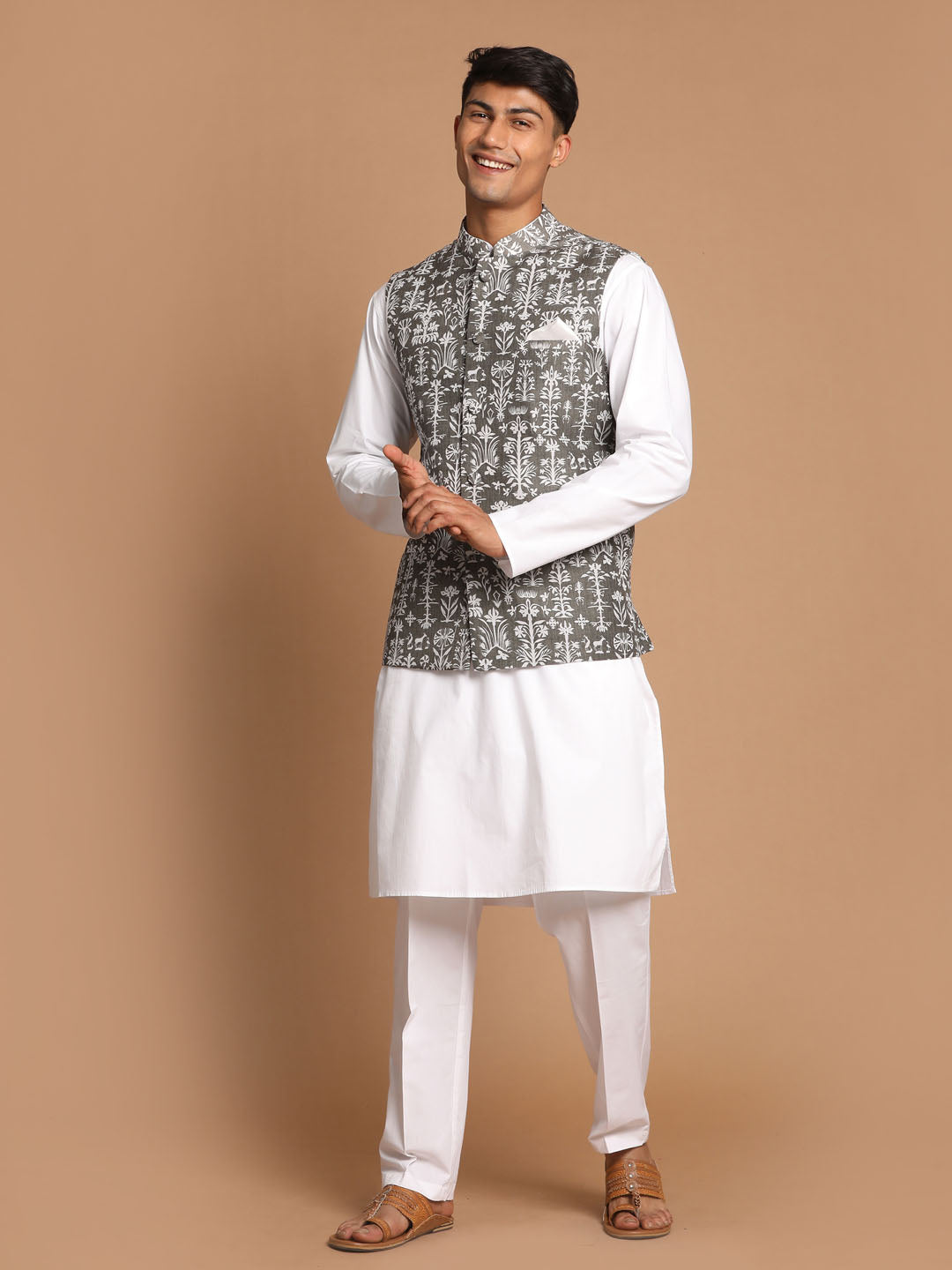 Vastramay Men's Mehendi Green Printed Nehru Jacket With White Solid kurta & Pant Set