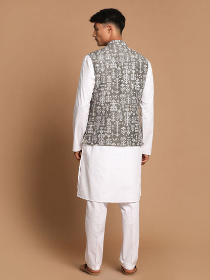 Vastramay Men's Mehendi Green Printed Nehru Jacket With White Solid kurta & Pant Set