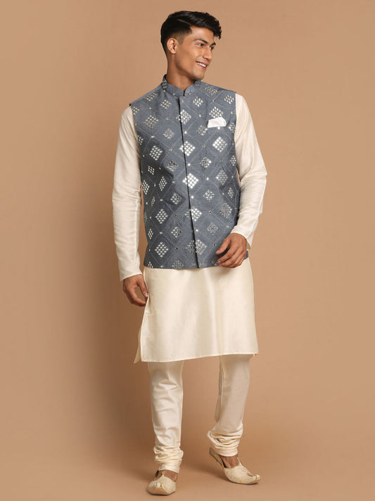 Vastramay Men's Grey Mirror-Work Silk Blend Nehru Jacket With Solid Kurta & Pyjama Set