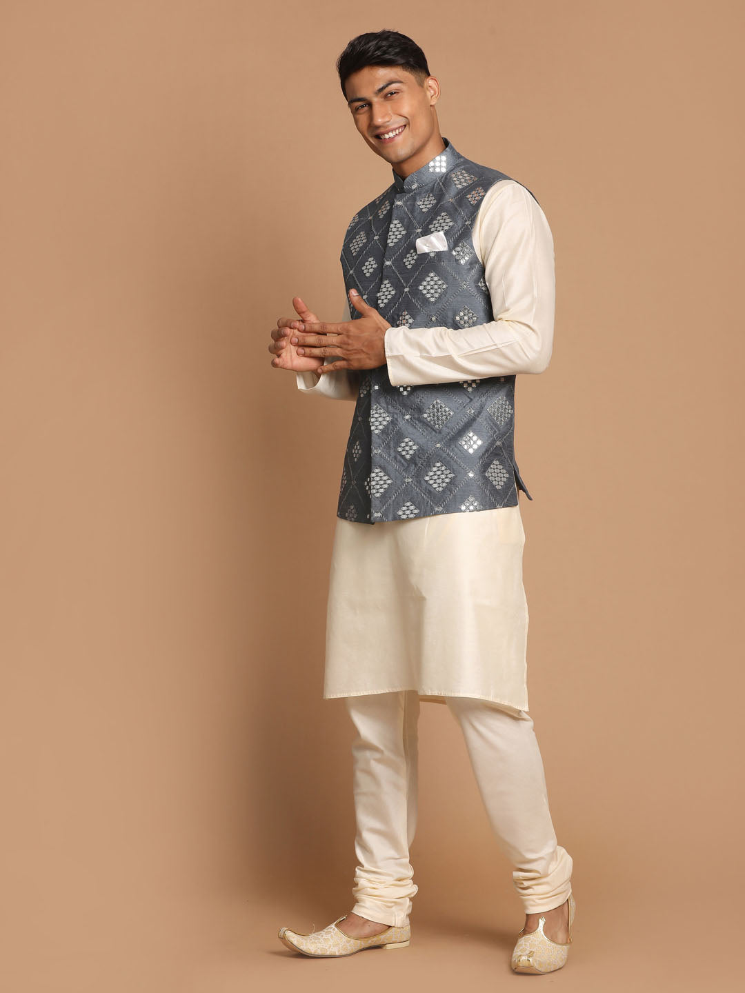 Vastramay Men's Grey Mirror-Work Silk Blend Nehru Jacket With Solid Kurta & Pyjama Set