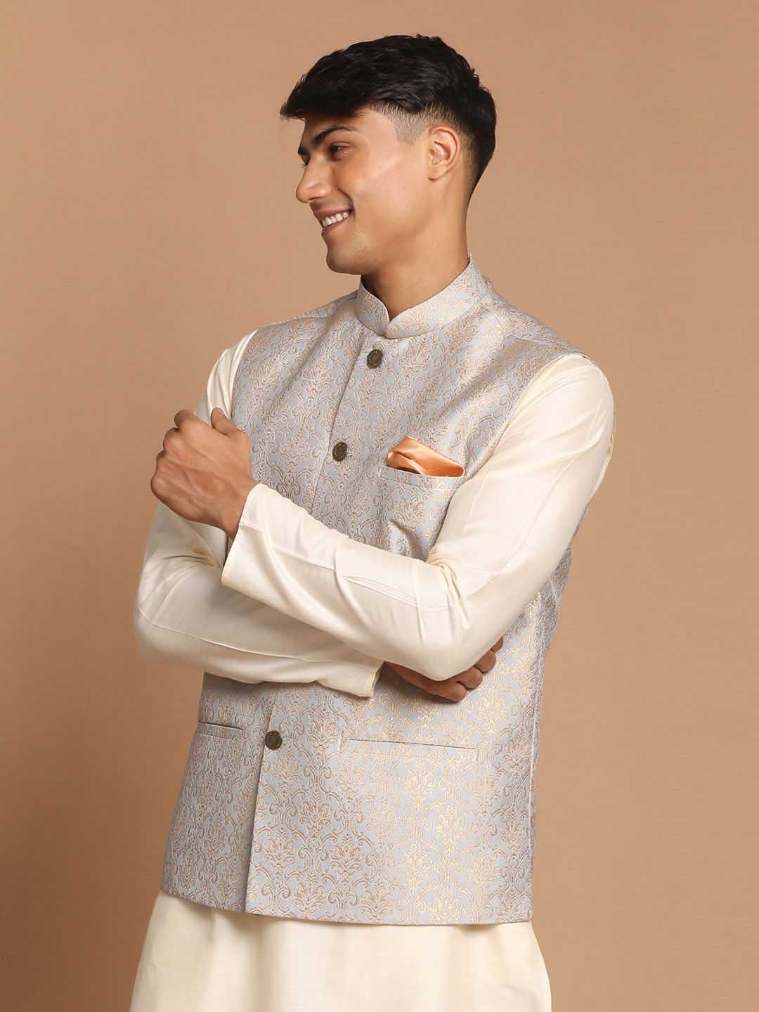 Vastramay Men's Grey Silk Blend Woven Nehru Jacket