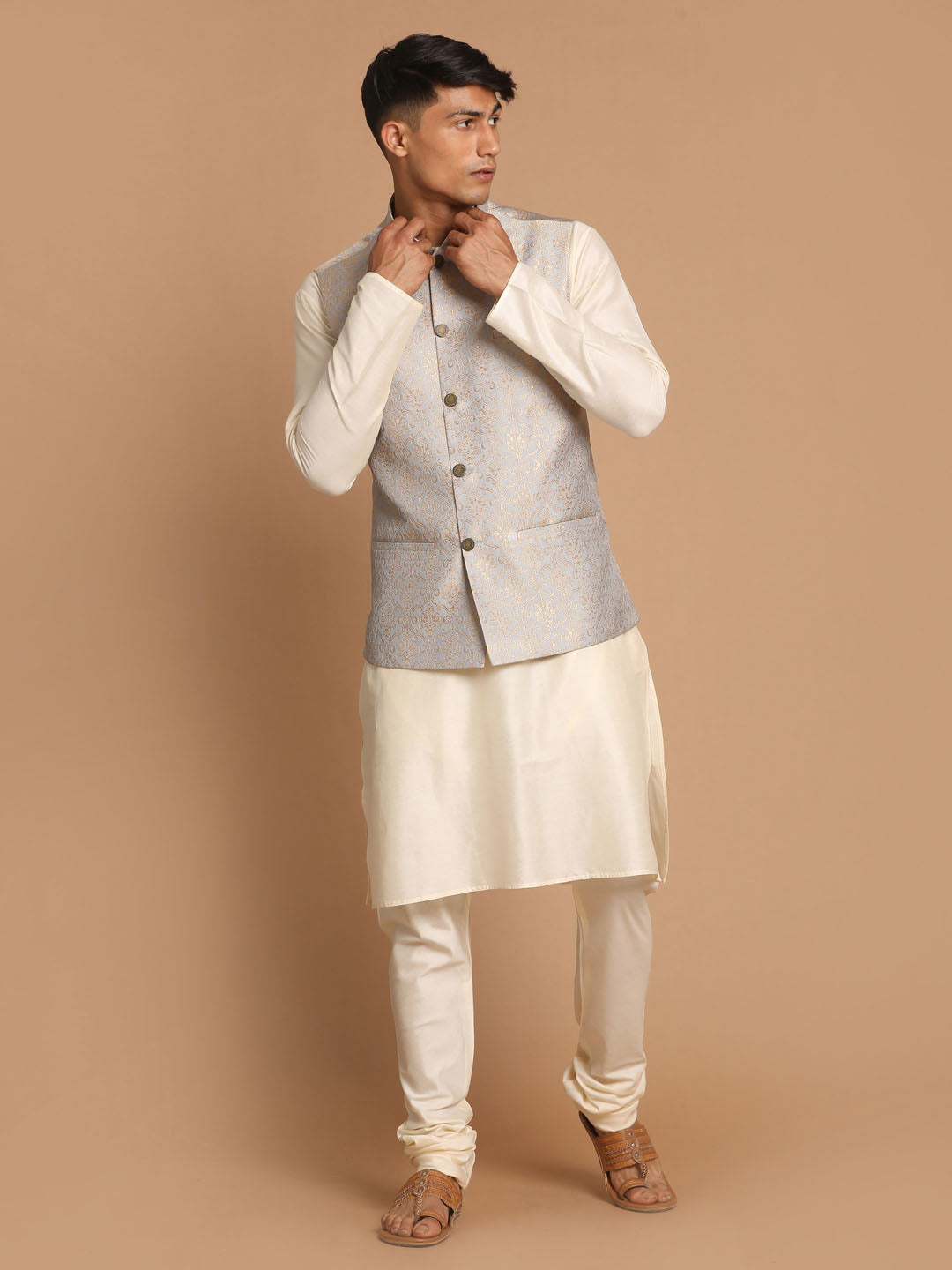 Vastramay Men's Grey Woven Jacket And Cream Solid Kurta With Pajama Set