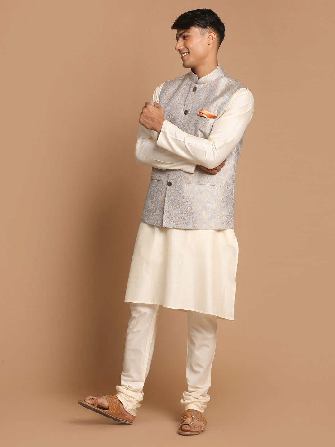 Vastramay Men's Grey Woven Jacket And Cream Solid Kurta With Pajama Set