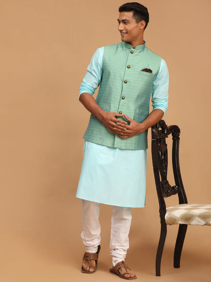 Vastramay mens green color cotton nehru jacket with aqua blue kurta and white pyjama set