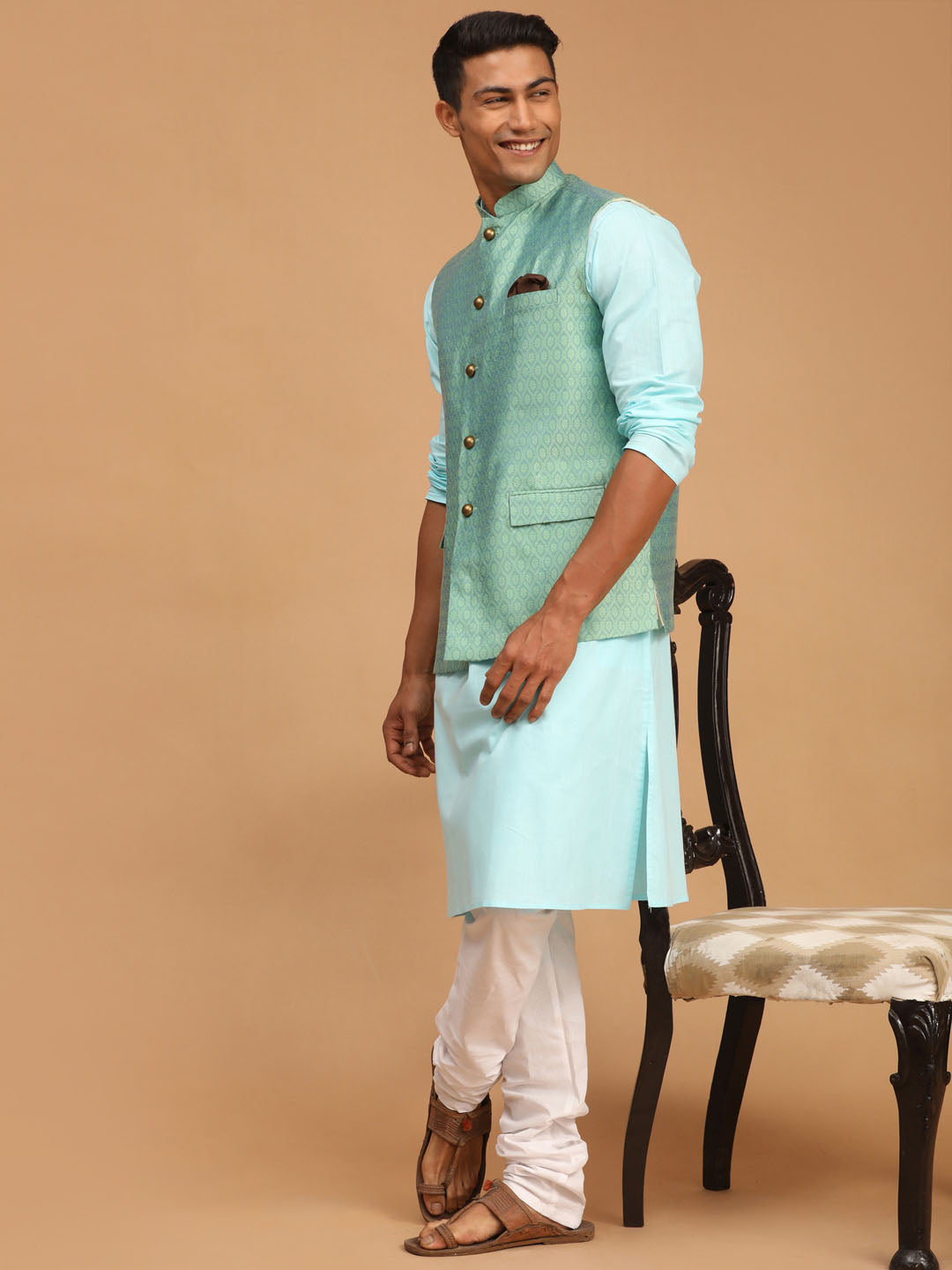 Vastramay mens green color cotton nehru jacket with aqua blue kurta and white pyjama set