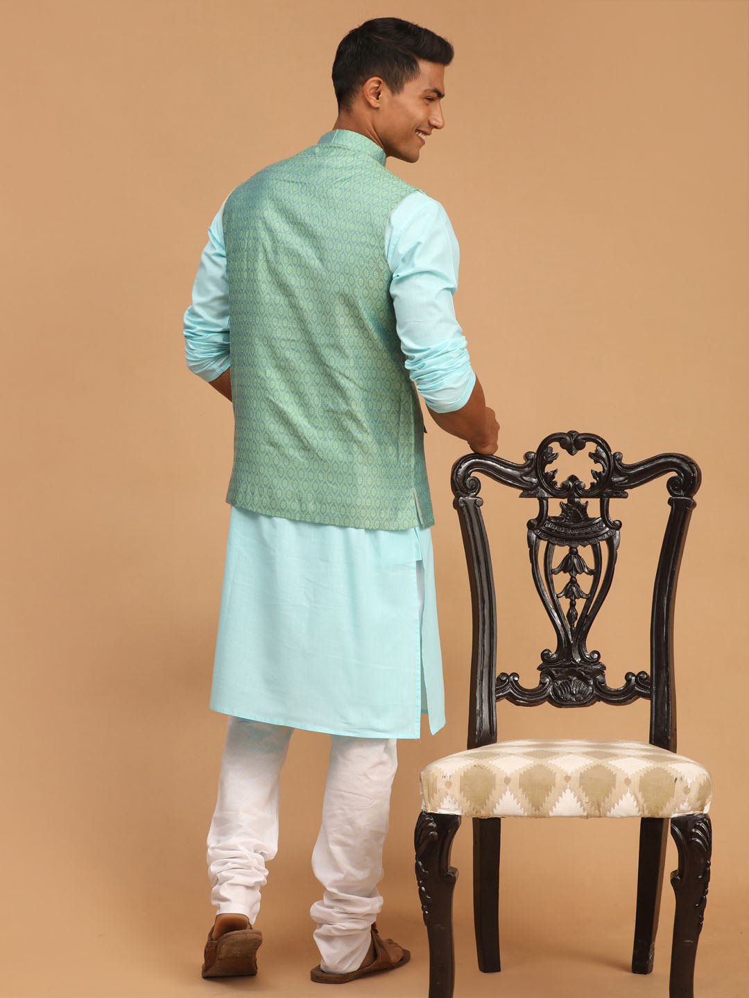 Vastramay mens green color cotton nehru jacket with aqua blue kurta and white pyjama set