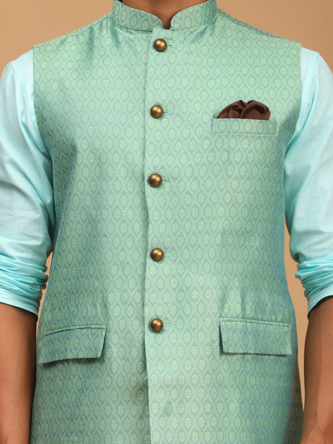 Vastramay mens green color cotton nehru jacket with aqua blue kurta and white pyjama set