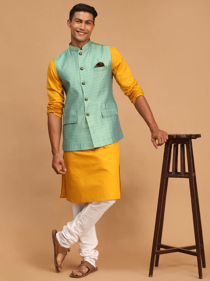 Vastramay mens green color cotton nehru jacket with mustard color kurta and pyjama set