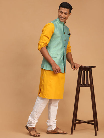 Vastramay mens green color cotton nehru jacket with mustard color kurta and pyjama set