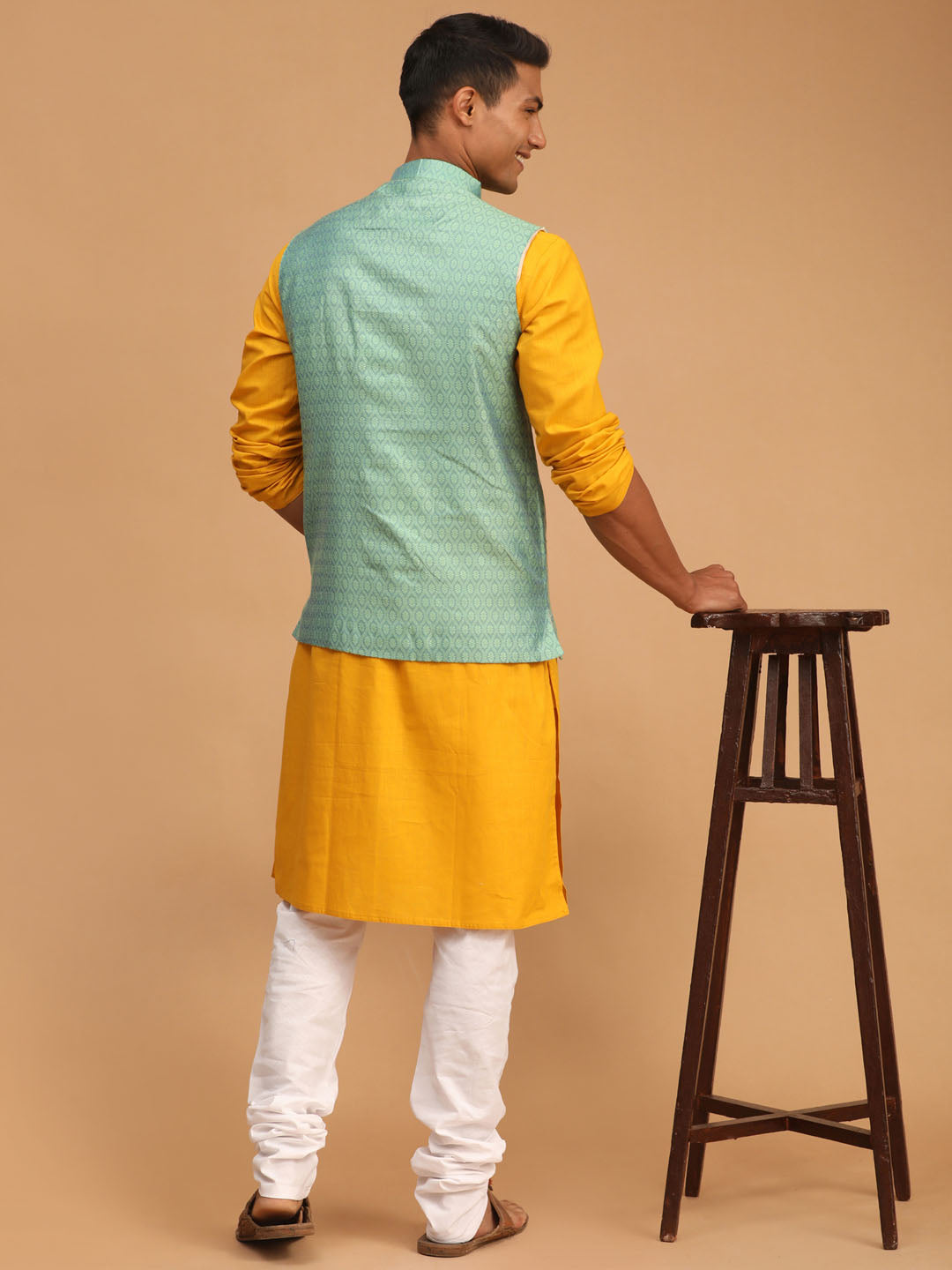 Vastramay mens green color cotton nehru jacket with mustard color kurta and pyjama set