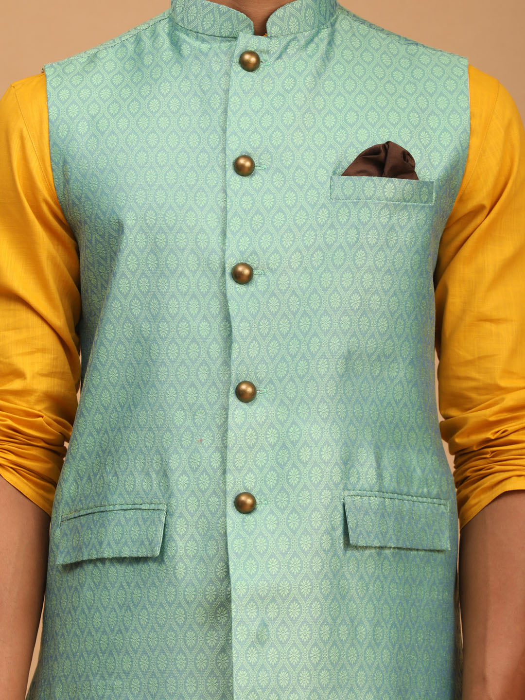 Vastramay mens green color cotton nehru jacket with mustard color kurta and pyjama set