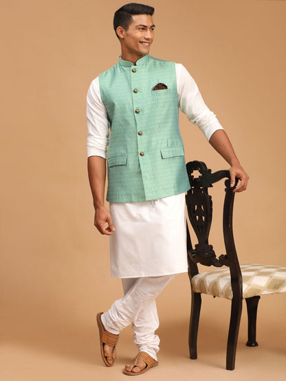 Vastramay mens green color cotton nehru jacket with white kurta and pyjama set