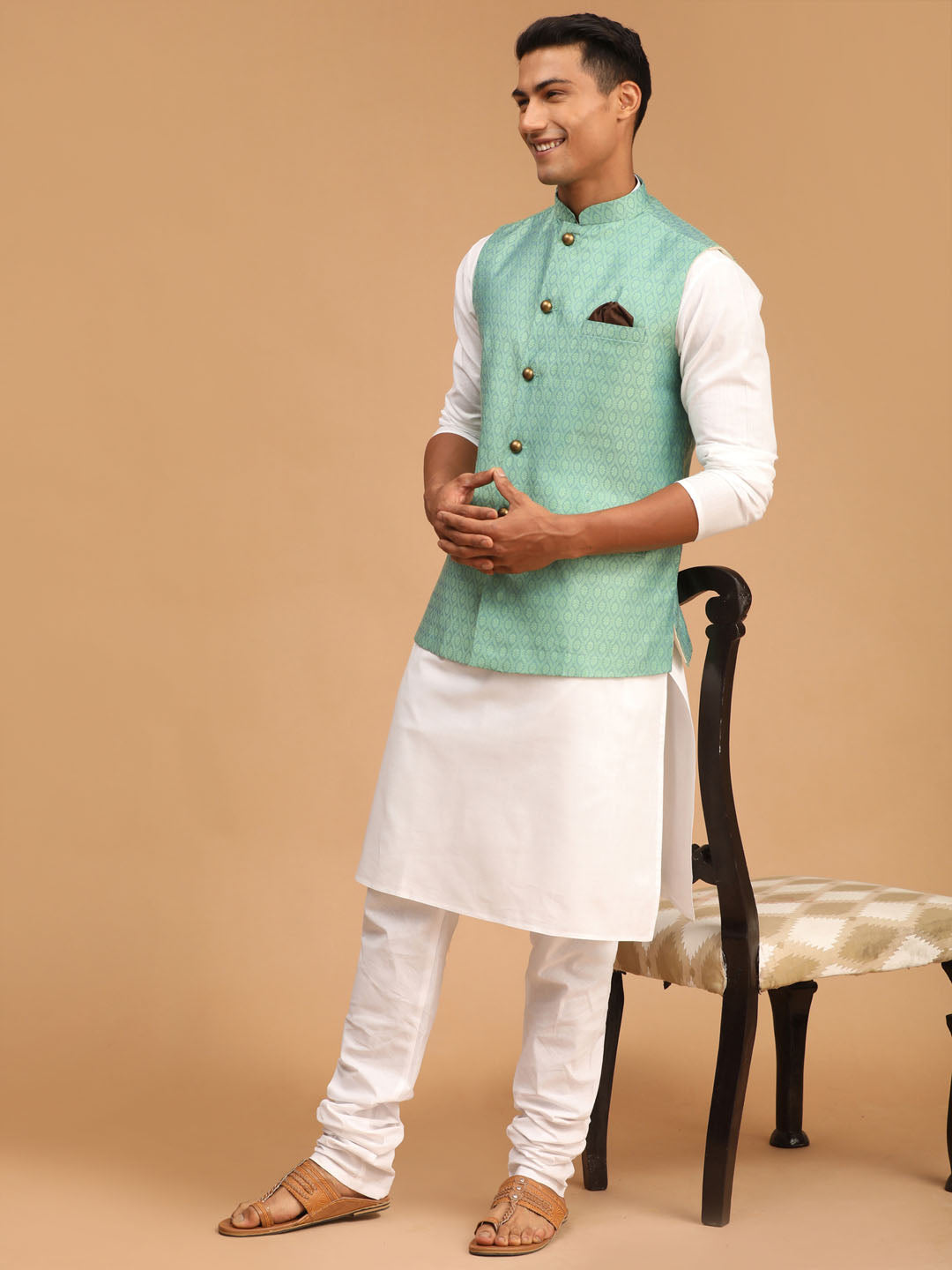 Vastramay mens green color cotton nehru jacket with white kurta and pyjama set