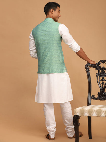 Vastramay mens green color cotton nehru jacket with white kurta and pyjama set