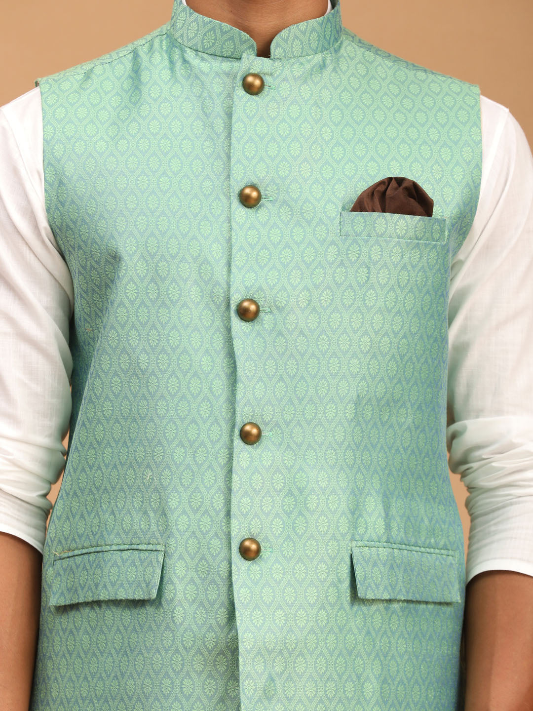 Vastramay mens green color cotton nehru jacket with white kurta and pyjama set