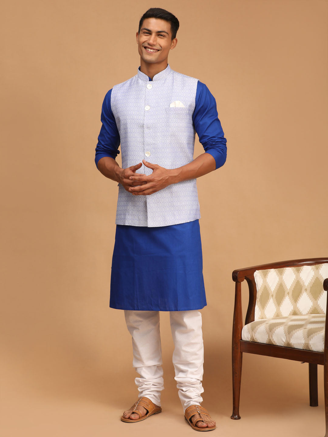 Vastramay mens lavender color cotton nehru jacket with blue kurta and white pyjama set