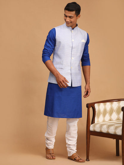 Vastramay mens lavender color cotton nehru jacket with blue kurta and white pyjama set