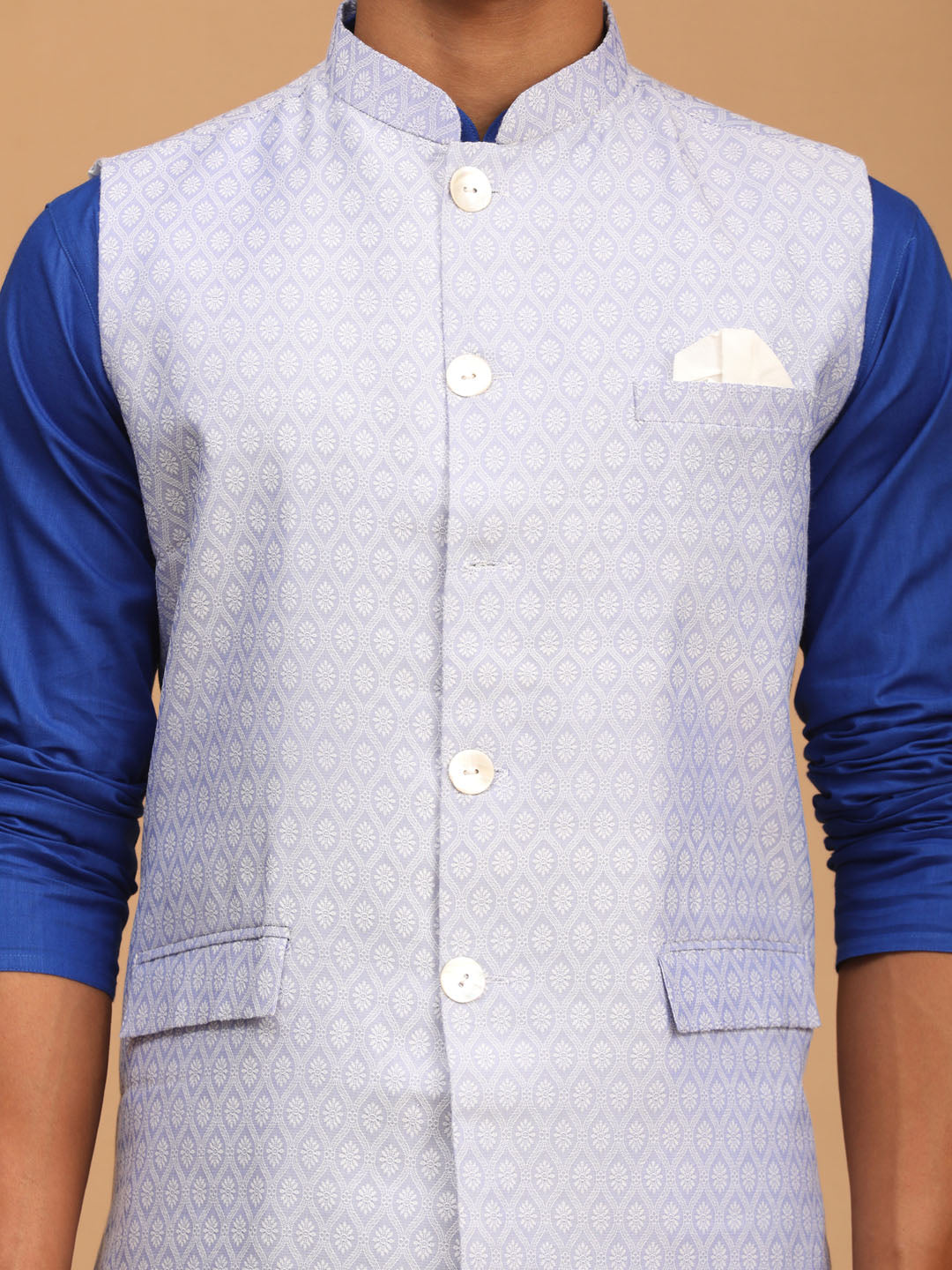 Vastramay mens lavender color cotton nehru jacket with blue kurta and white pyjama set