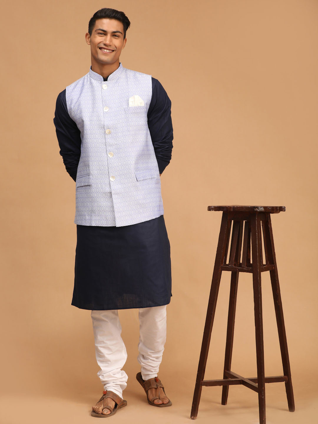 Vastramay mens lavender color cotton nehru jacket with navy blue kurta and white pyjama set