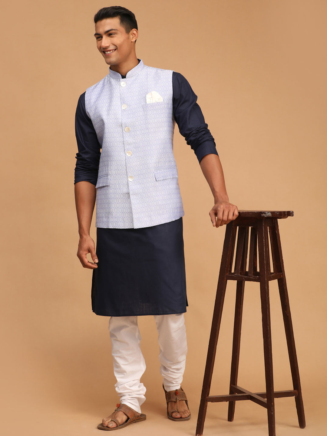 Vastramay mens lavender color cotton nehru jacket with navy blue kurta and white pyjama set