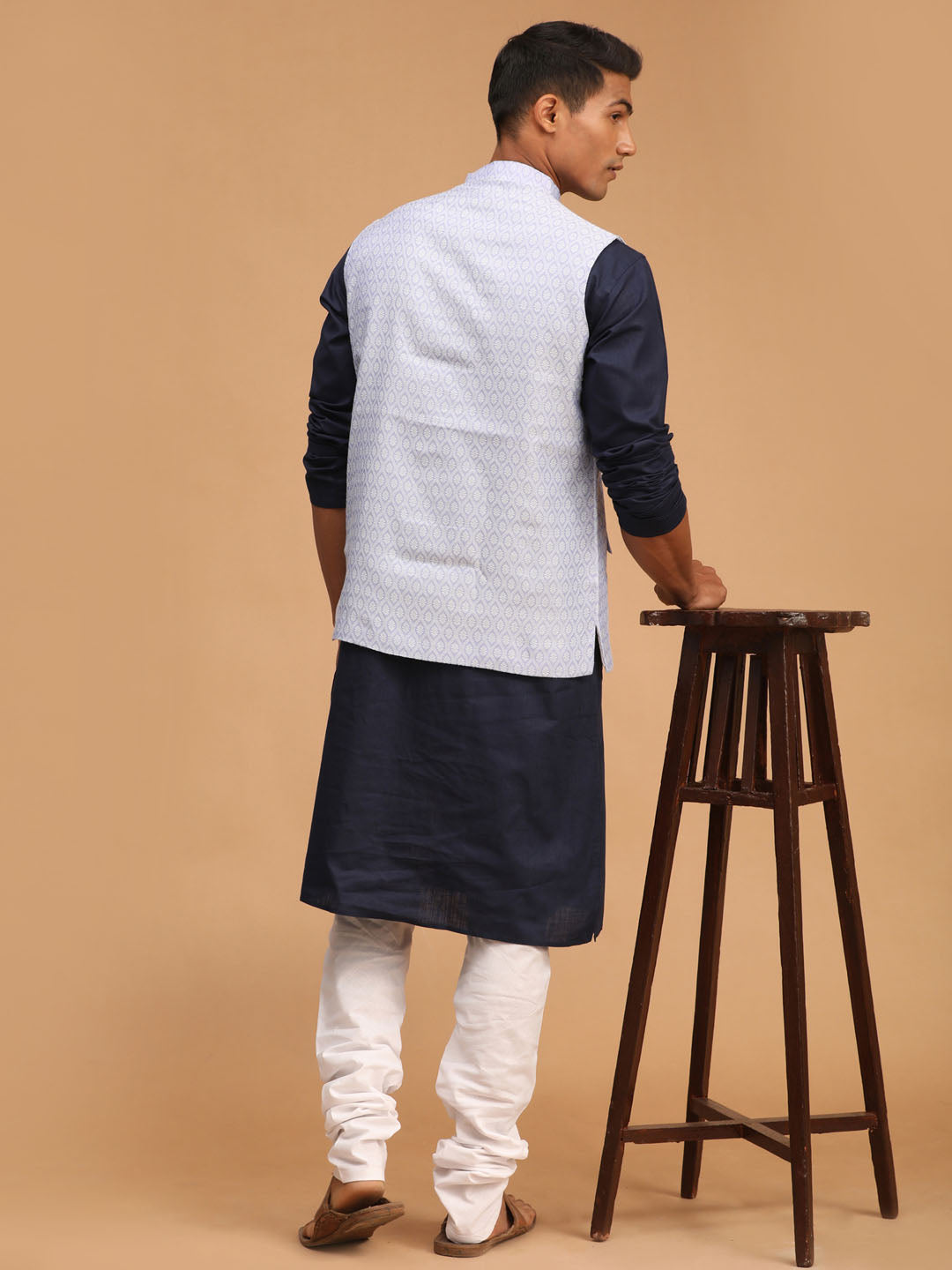 Vastramay mens lavender color cotton nehru jacket with navy blue kurta and white pyjama set